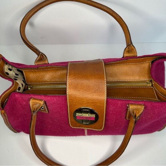 Kate Spade New York Shoulder Bag Pink Wool Brown Leather Trim Zip Top - Picture 8 of 12